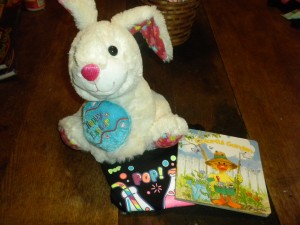 Our gift- Clearance bunny from last year, t-shirt and book for the toddler.
